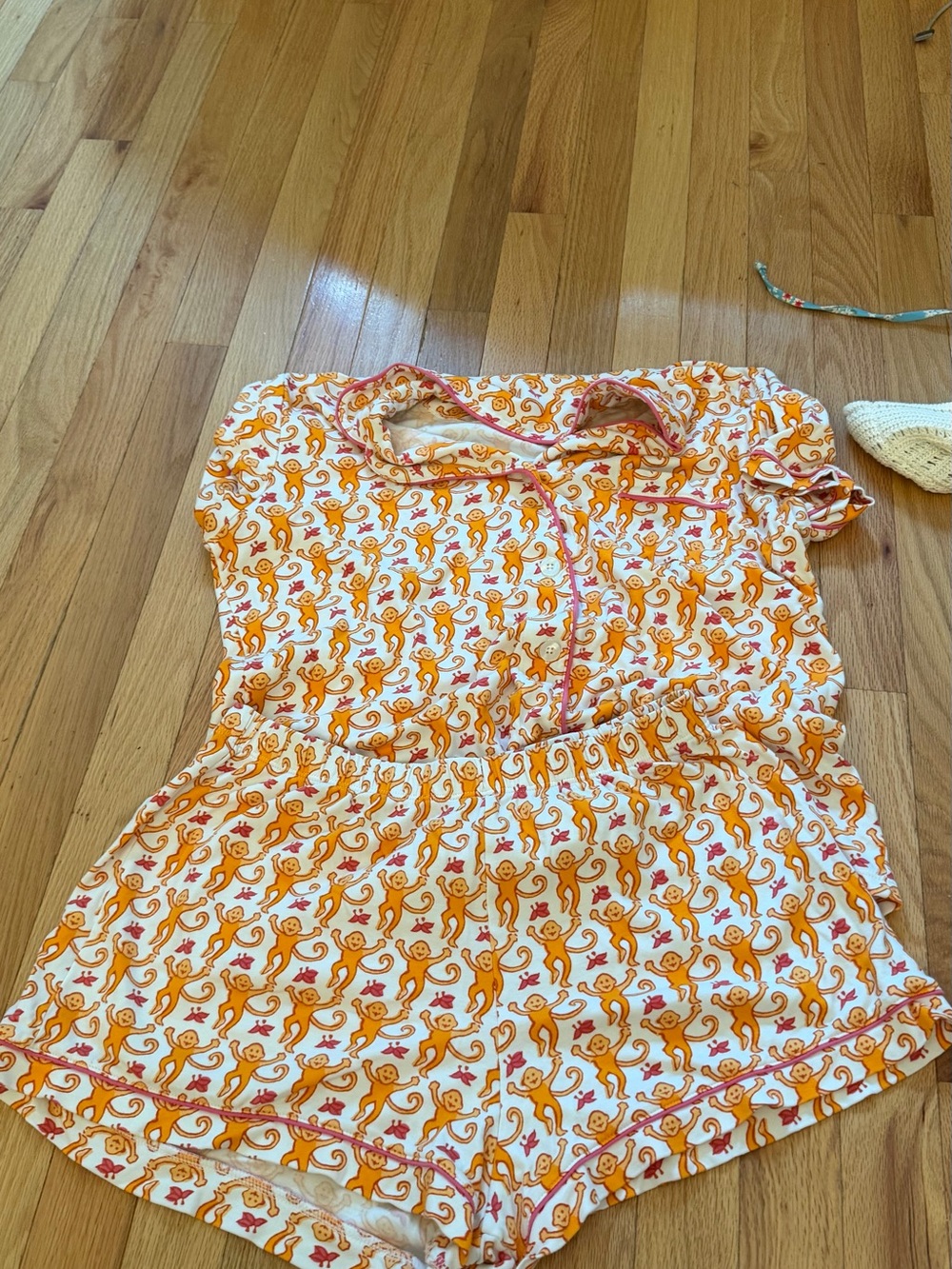Roller Rabbit Orange & White Monkey Print Short Pajama Set
